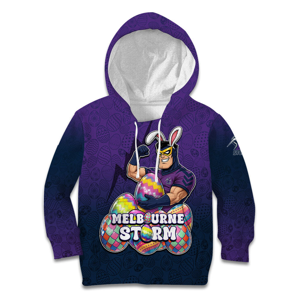 Personalized Melbourne Storm Kid Hoodie Easter Mascot - Colorful Eggs Cartoon Style