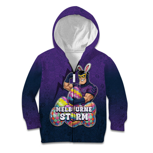 Personalized Melbourne Storm Kid Hoodie Easter Mascot - Colorful Eggs Cartoon Style