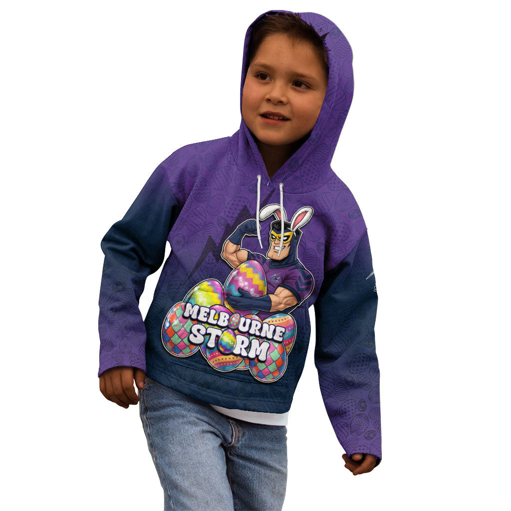 Personalized Melbourne Storm Kid Hoodie Easter Mascot - Colorful Eggs Cartoon Style