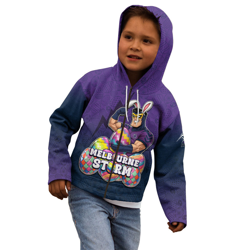 Personalized Melbourne Storm Kid Hoodie Easter Mascot - Colorful Eggs Cartoon Style