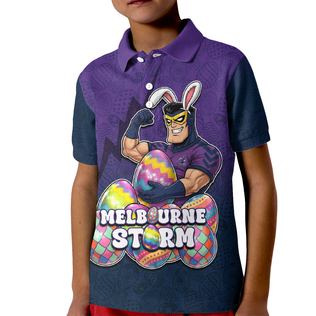 Personalized Melbourne Storm Kid Polo Shirt Easter Mascot - Colorful Eggs Cartoon Style