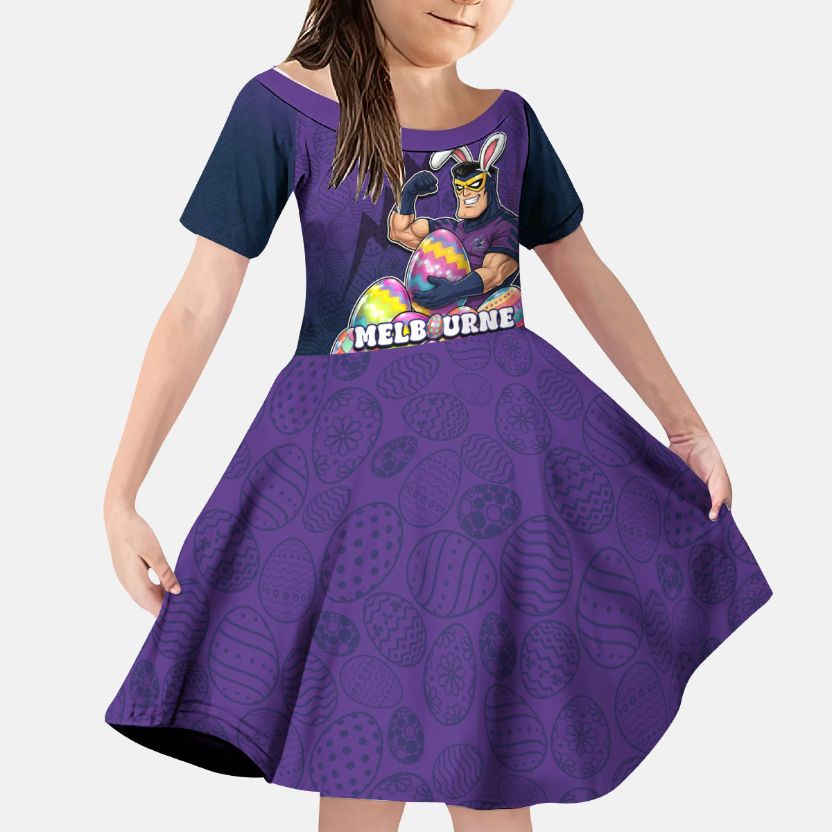 Personalized Melbourne Storm Kid Short Sleeve Dress Easter Mascot - Colorful Eggs Cartoon Style