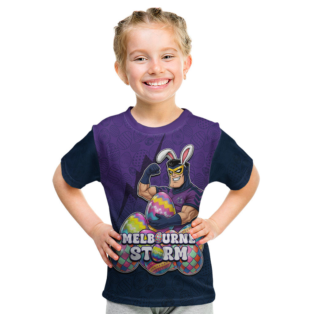 Personalized Melbourne Storm Kid T Shirt Easter Mascot - Colorful Eggs Cartoon Style