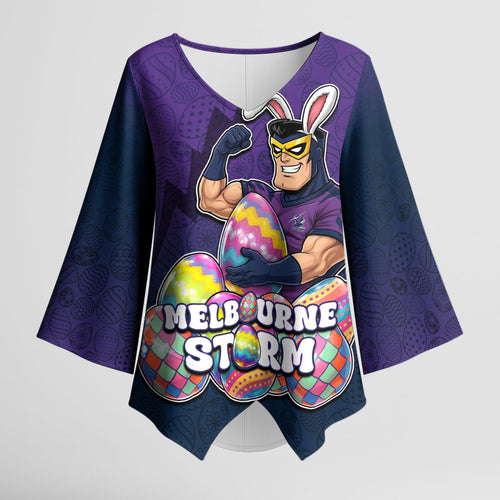 Personalized Melbourne Storm Kimono Sleeve Blouse Easter Mascot - Colorful Eggs Cartoon Style