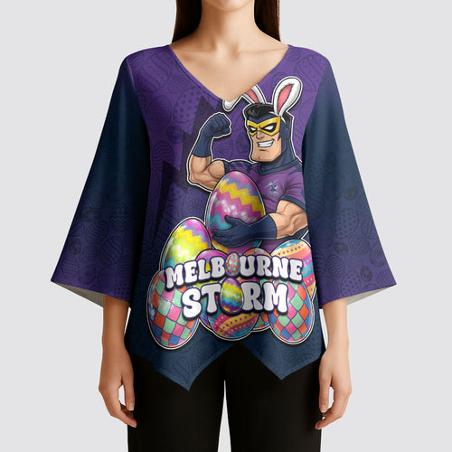 Personalized Melbourne Storm Kimono Sleeve Blouse Easter Mascot - Colorful Eggs Cartoon Style