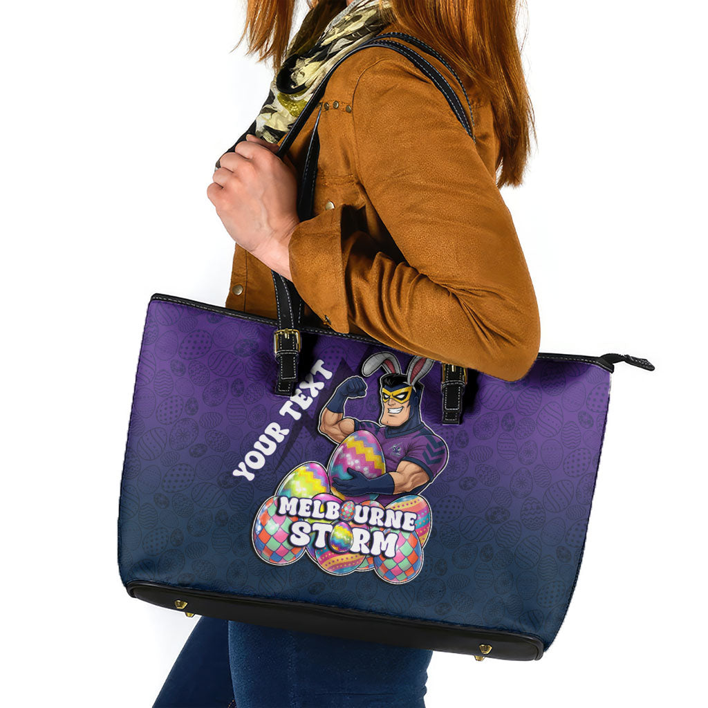 Personalized Melbourne Storm Leather Tote Bag Easter Mascot - Colorful Eggs Cartoon Style