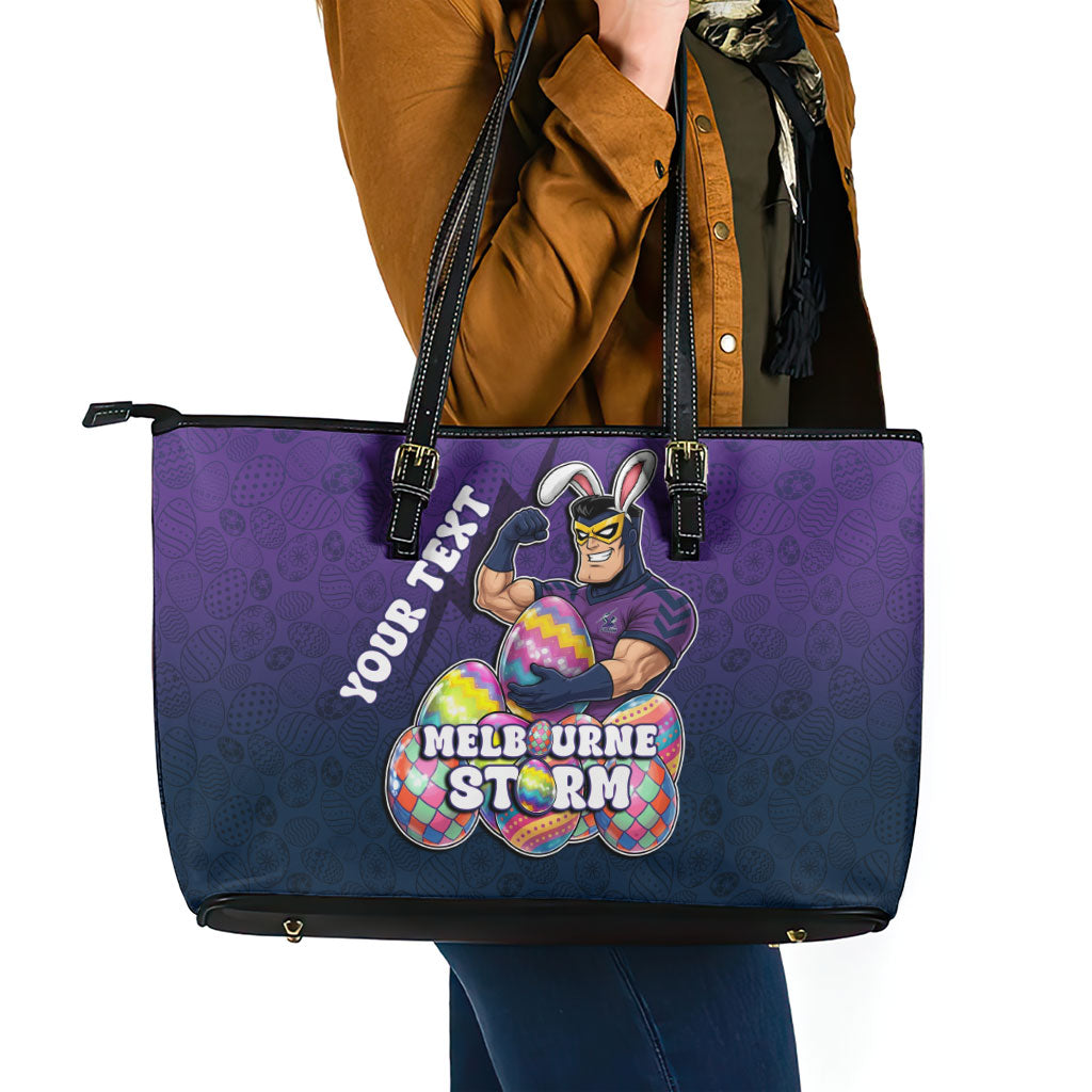 Personalized Melbourne Storm Leather Tote Bag Easter Mascot - Colorful Eggs Cartoon Style