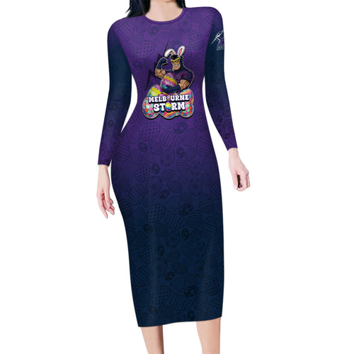 Personalized Melbourne Storm Long Sleeve Bodycon Dress Easter Mascot - Colorful Eggs Cartoon Style