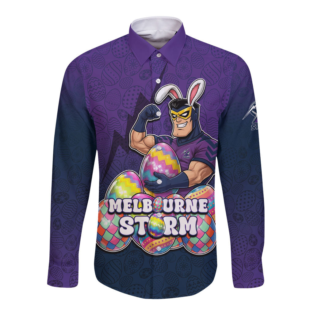 Personalized Melbourne Storm Long Sleeve Button Shirt Easter Mascot - Colorful Eggs Cartoon Style