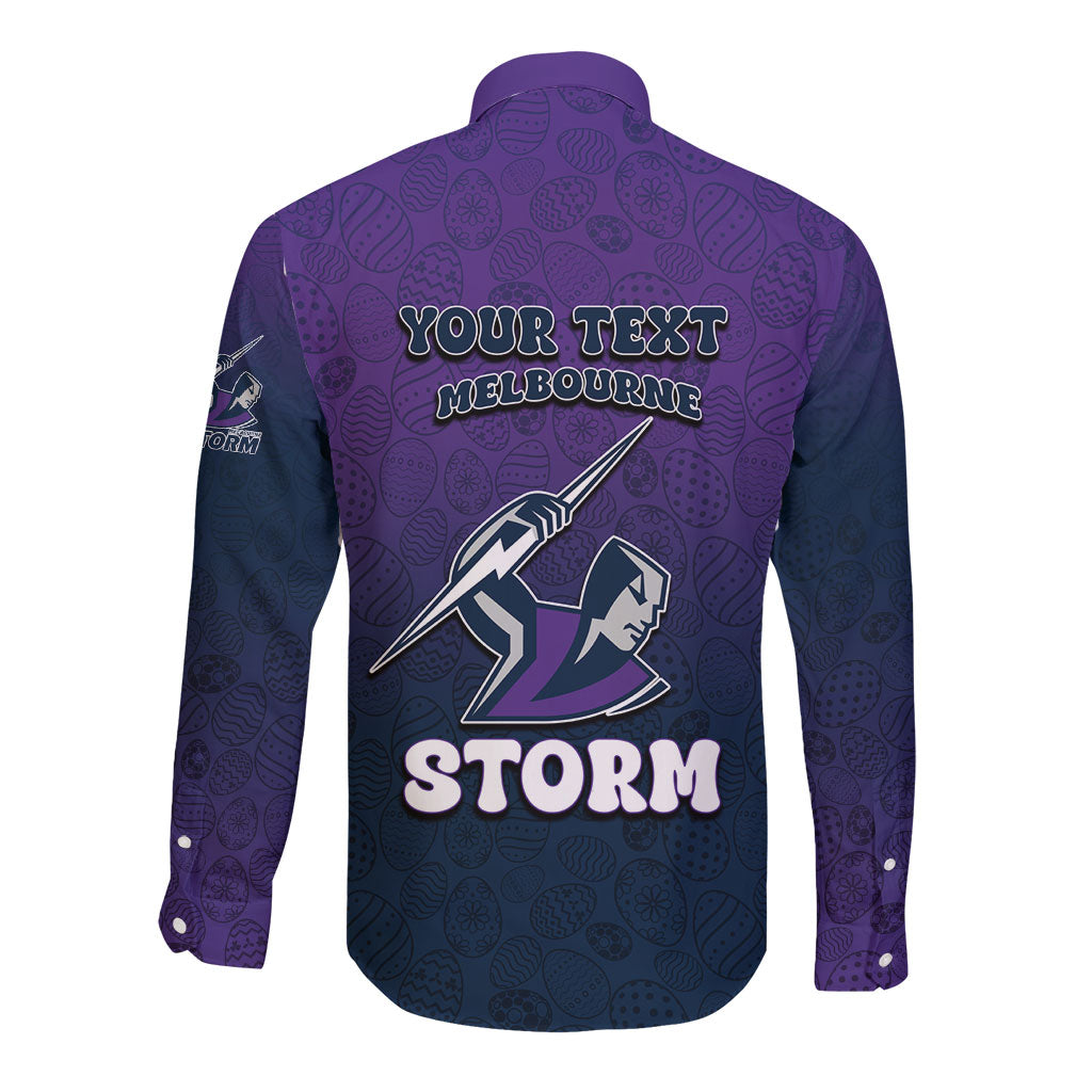 Personalized Melbourne Storm Long Sleeve Button Shirt Easter Mascot - Colorful Eggs Cartoon Style