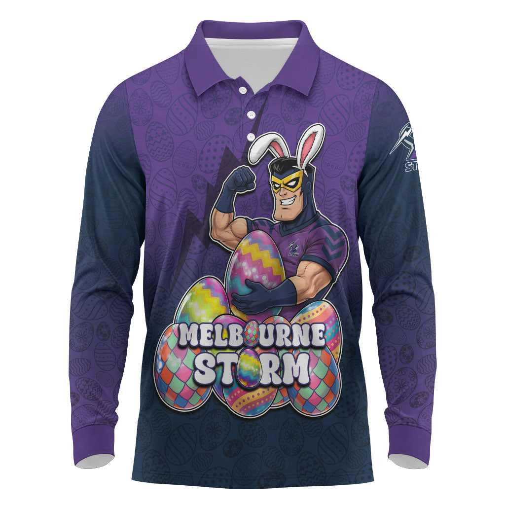 Personalized Melbourne Storm Long Sleeve Polo Shirt Easter Mascot - Colorful Eggs Cartoon Style