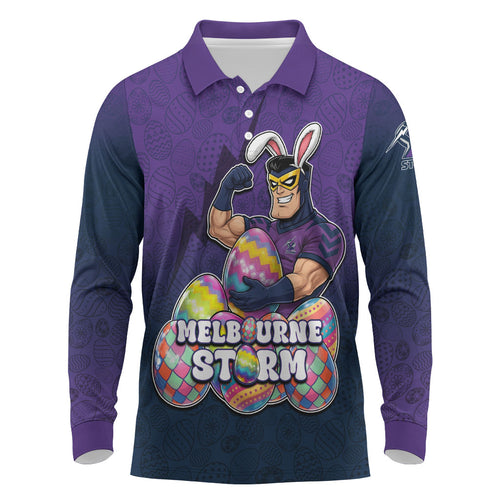 Personalized Melbourne Storm Long Sleeve Polo Shirt Easter Mascot - Colorful Eggs Cartoon Style