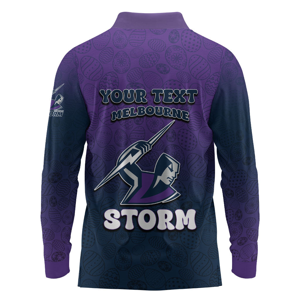 Personalized Melbourne Storm Long Sleeve Polo Shirt Easter Mascot - Colorful Eggs Cartoon Style