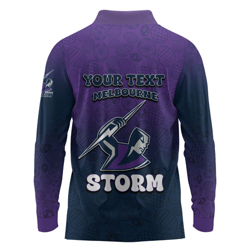 Personalized Melbourne Storm Long Sleeve Polo Shirt Easter Mascot - Colorful Eggs Cartoon Style