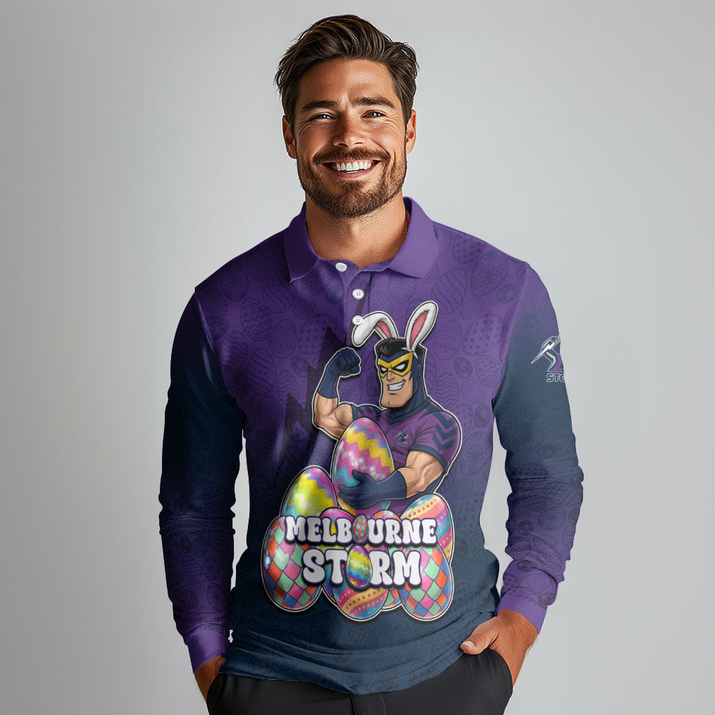 Personalized Melbourne Storm Long Sleeve Polo Shirt Easter Mascot - Colorful Eggs Cartoon Style