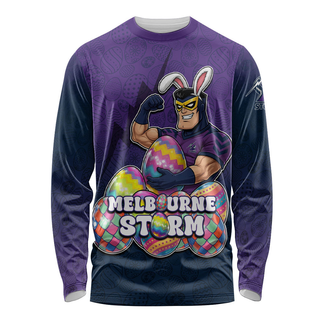 Personalized Melbourne Storm Long Sleeve Shirt Easter Mascot - Colorful Eggs Cartoon Style