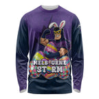 Personalized Melbourne Storm Long Sleeve Shirt Easter Mascot - Colorful Eggs Cartoon Style