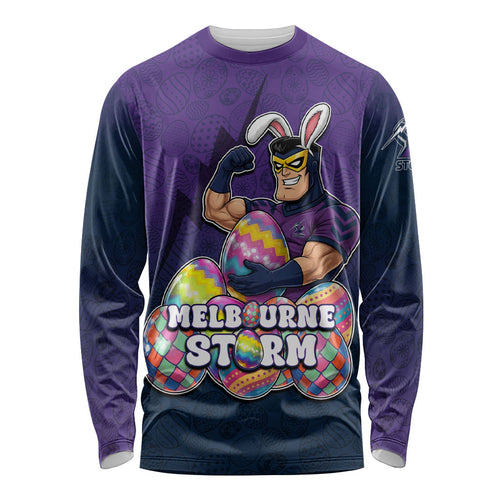 Personalized Melbourne Storm Long Sleeve Shirt Easter Mascot - Colorful Eggs Cartoon Style