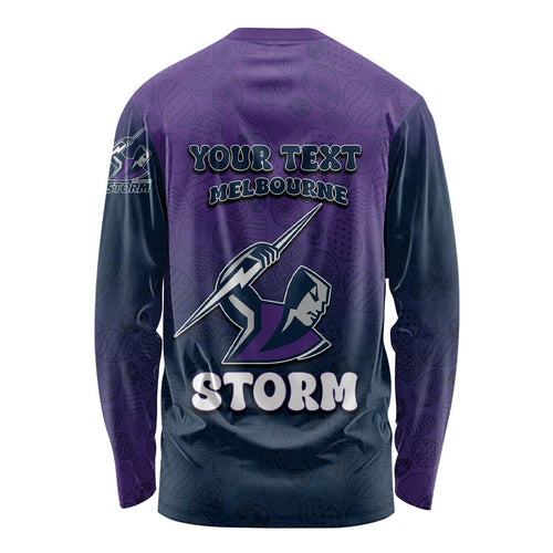 Personalized Melbourne Storm Long Sleeve Shirt Easter Mascot - Colorful Eggs Cartoon Style