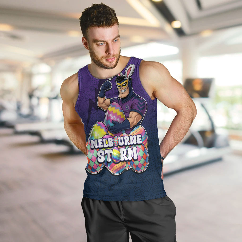 Personalized Melbourne Storm Men Tank Top Easter Mascot - Colorful Eggs Cartoon Style