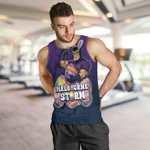 Personalized Melbourne Storm Men Tank Top Easter Mascot - Colorful Eggs Cartoon Style