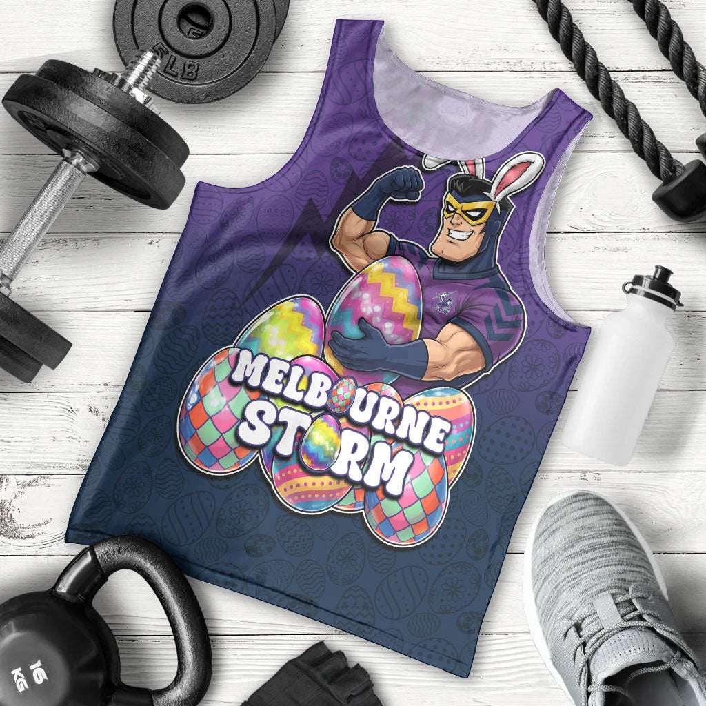 Personalized Melbourne Storm Men Tank Top Easter Mascot - Colorful Eggs Cartoon Style