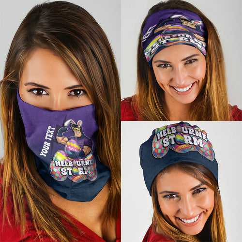 Personalized Melbourne Storm Neck Gaiter Easter Mascot - Colorful Eggs Cartoon Style