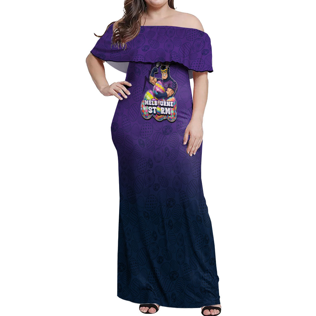 Personalized Melbourne Storm Off Shoulder Maxi Dress Easter Mascot - Colorful Eggs Cartoon Style