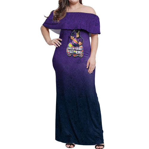 Personalized Melbourne Storm Off Shoulder Maxi Dress Easter Mascot - Colorful Eggs Cartoon Style