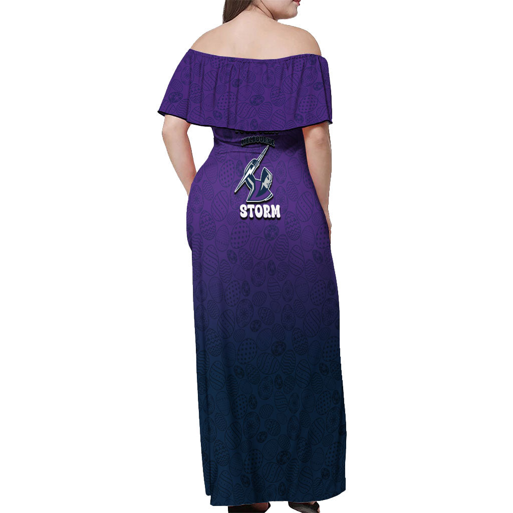 Personalized Melbourne Storm Off Shoulder Maxi Dress Easter Mascot - Colorful Eggs Cartoon Style