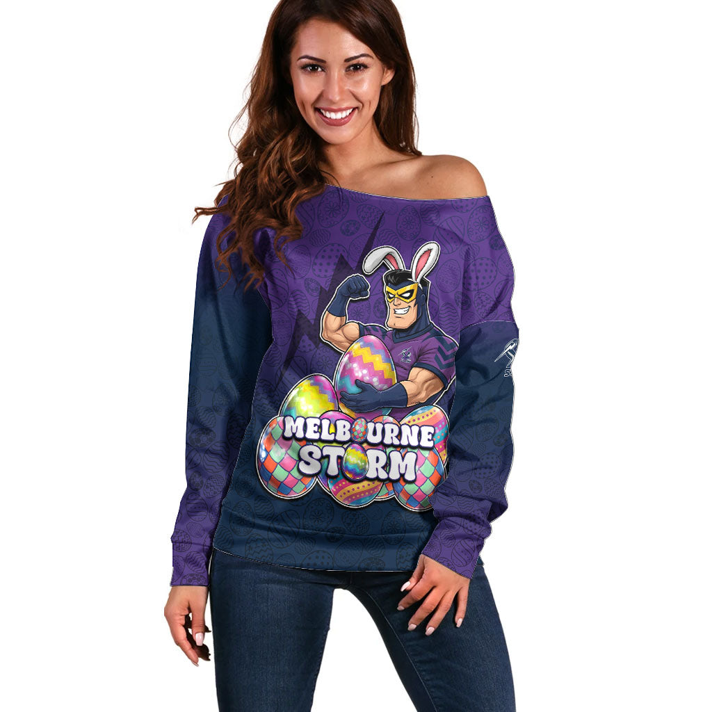 Personalized Melbourne Storm Off Shoulder Sweater Easter Mascot - Colorful Eggs Cartoon Style