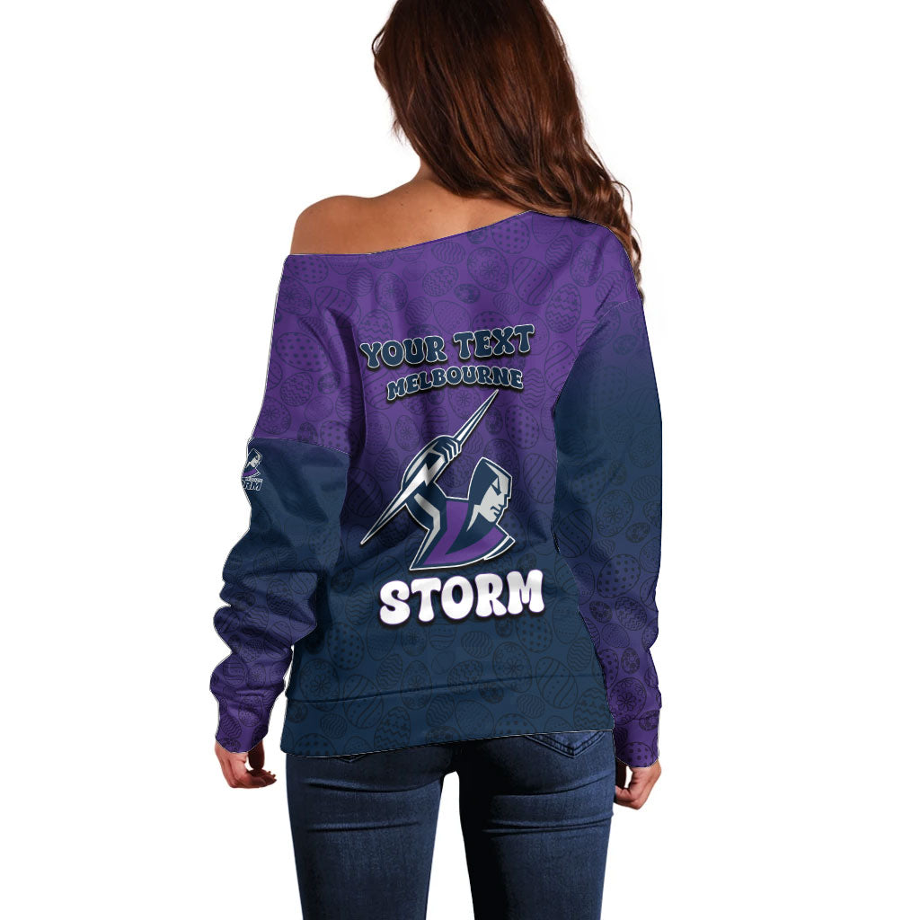Personalized Melbourne Storm Off Shoulder Sweater Easter Mascot - Colorful Eggs Cartoon Style