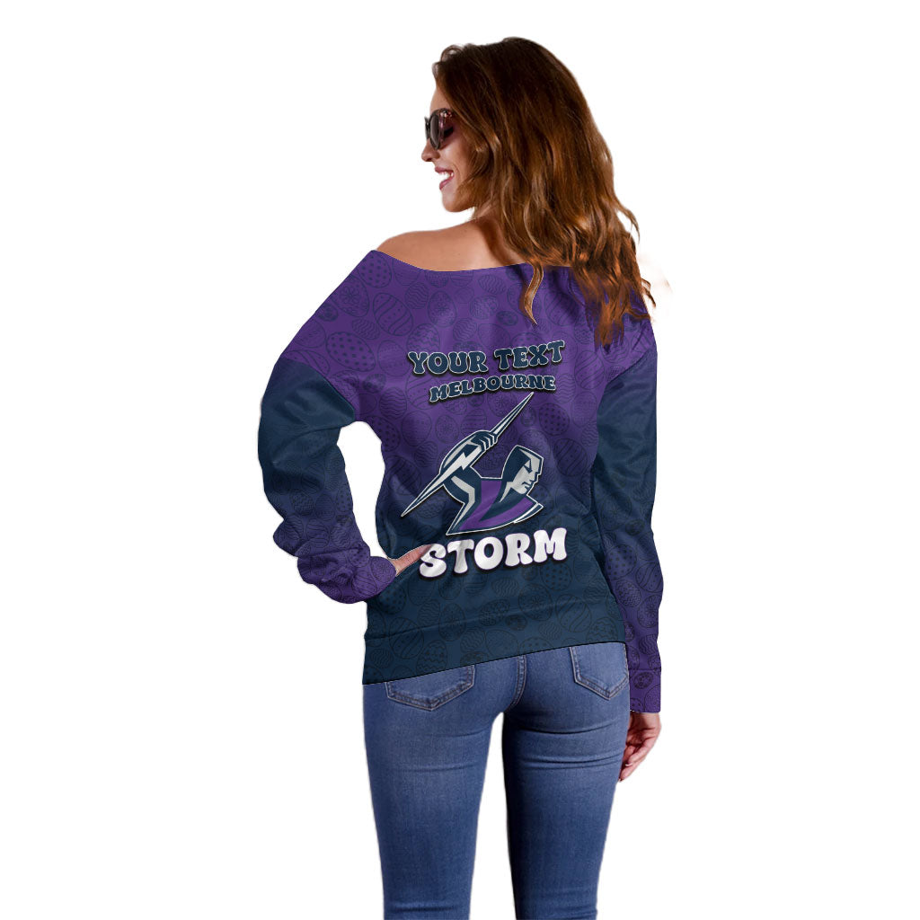 Personalized Melbourne Storm Off Shoulder Sweater Easter Mascot - Colorful Eggs Cartoon Style