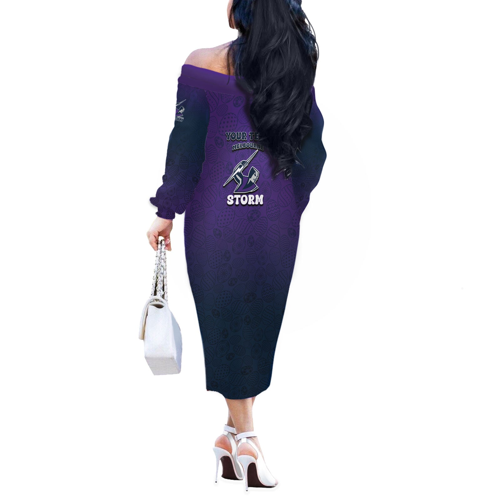 Personalized Melbourne Storm Off The Shoulder Long Sleeve Dress Easter Mascot - Colorful Eggs Cartoon Style