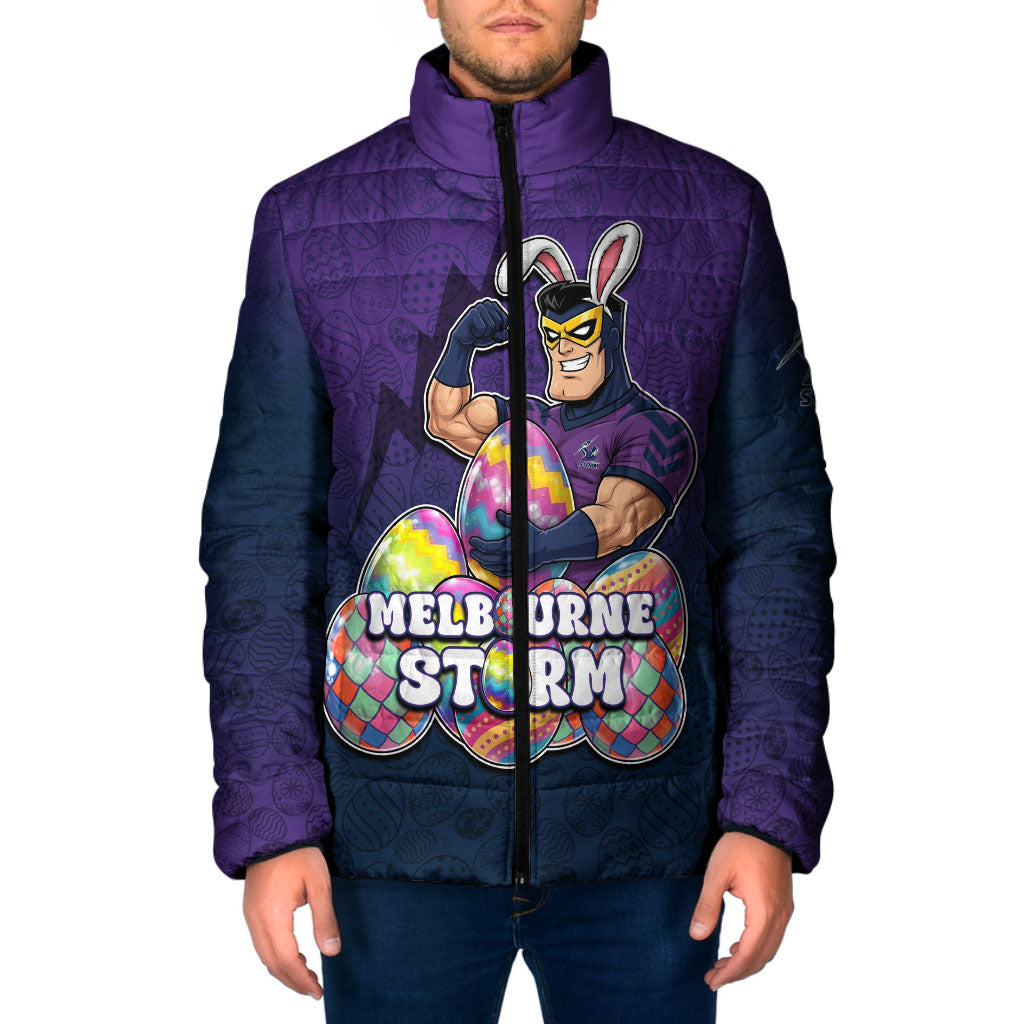 Personalized Melbourne Storm Padded Jacket Easter Mascot - Colorful Eggs Cartoon Style