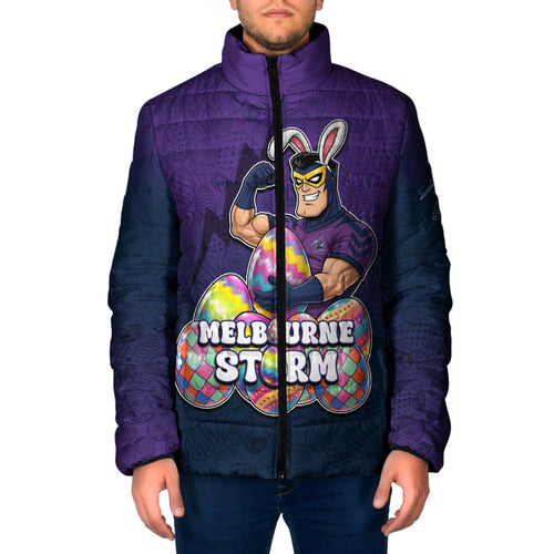 Personalized Melbourne Storm Padded Jacket Easter Mascot - Colorful Eggs Cartoon Style