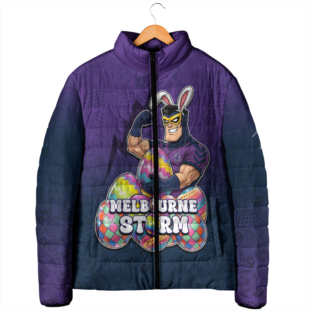 Personalized Melbourne Storm Padded Jacket Easter Mascot - Colorful Eggs Cartoon Style