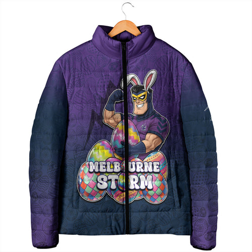 Personalized Melbourne Storm Padded Jacket Easter Mascot - Colorful Eggs Cartoon Style