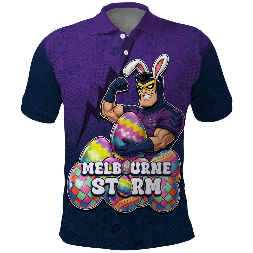 Personalized Melbourne Storm Polo Shirt Easter Mascot - Colorful Eggs Cartoon Style