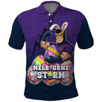 Personalized Melbourne Storm Polo Shirt Easter Mascot - Colorful Eggs Cartoon Style