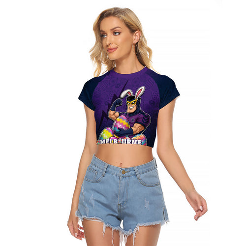 Personalized Melbourne Storm Raglan Cropped T Shirt Easter Mascot - Colorful Eggs Cartoon Style