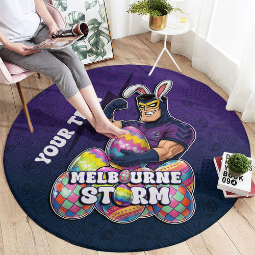 Personalized Melbourne Storm Round Carpet Easter Mascot - Colorful Eggs Cartoon Style