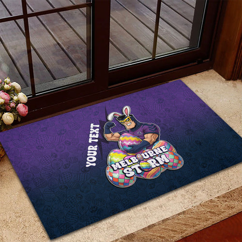 Personalized Melbourne Storm Rubber Doormat Easter Mascot - Colorful Eggs Cartoon Style