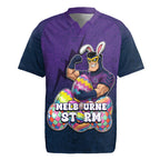Personalized Melbourne Storm Rugby Jersey Easter Mascot - Colorful Eggs Cartoon Style
