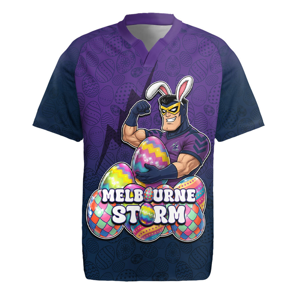 Personalized Melbourne Storm Rugby Jersey Easter Mascot - Colorful Eggs Cartoon Style