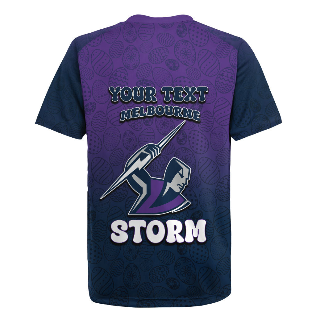 Personalized Melbourne Storm Rugby Jersey Easter Mascot - Colorful Eggs Cartoon Style
