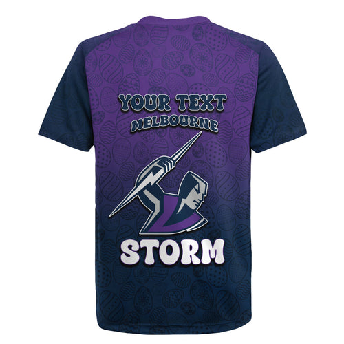 Personalized Melbourne Storm Rugby Jersey Easter Mascot - Colorful Eggs Cartoon Style
