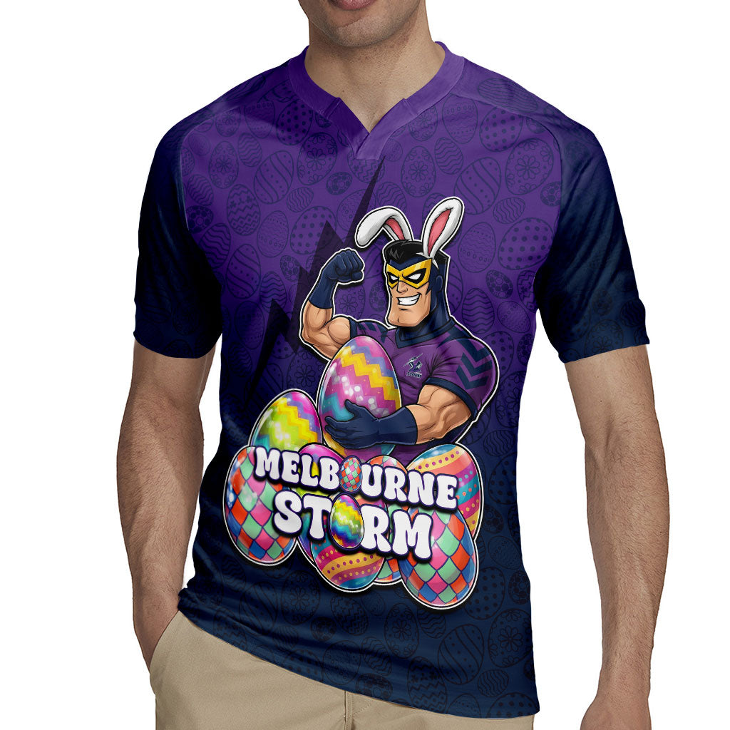 Personalized Melbourne Storm Rugby Jersey Easter Mascot - Colorful Eggs Cartoon Style