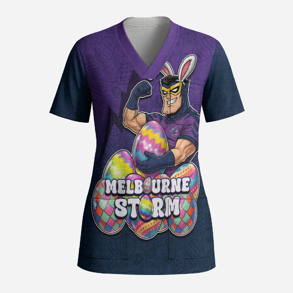 Personalized Melbourne Storm Scrub Top Easter Mascot - Colorful Eggs Cartoon Style