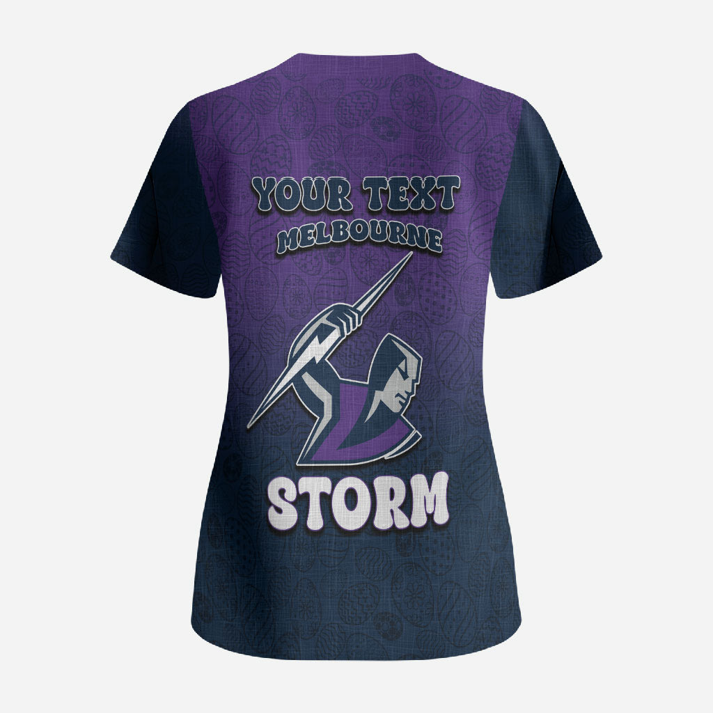 Personalized Melbourne Storm Scrub Top Easter Mascot - Colorful Eggs Cartoon Style